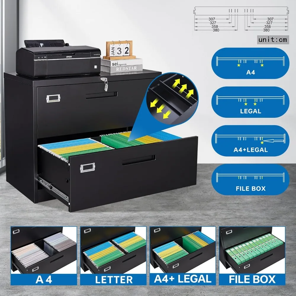 Metal Lateral File Cabinet with Lock for Office and Home - Steel Storage Cabinet for A4 and Legal/Letter Size Documents