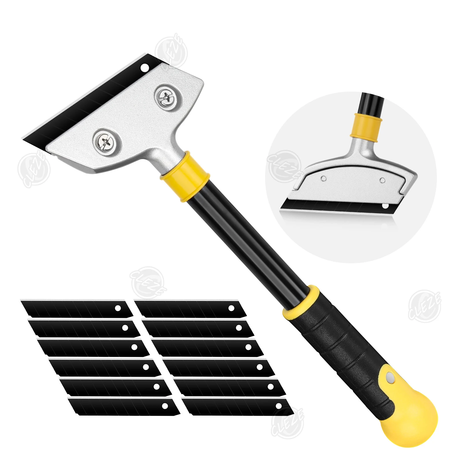 CLEZE Long Handle Razor Blade Glass Scraper for Car Window Tint Sticker Adhesive Removal with 10PCS Carbon Steel Blades