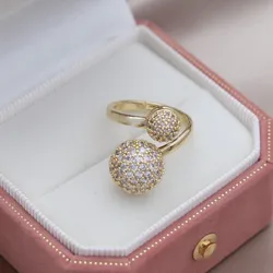2023 Korean new design fashion jewelry 14K gold plated round close-set zircon ball ring elegant women's daily work accessories