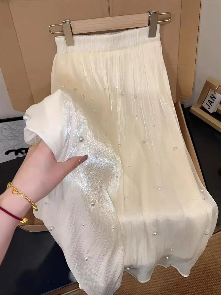 

Ele Beaded Design ftone Skirt Women's Loose Umbrella Skirt Summer New Sle Casual Match All High Waist A-Line Skirt