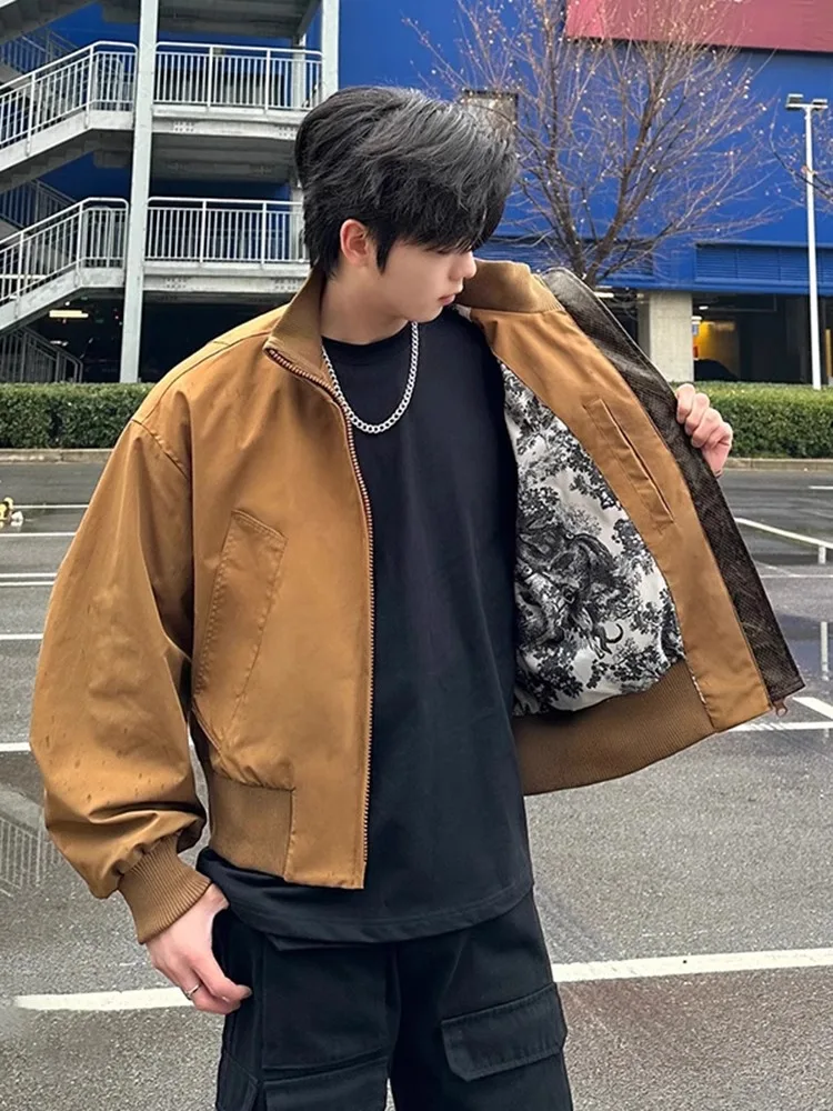 

Men's Bomber Flight Jaet Barn Sle Spring Autumn ort Boxy Baseball Coat Polyester Loose Fit Youth Trendy Zipper Closure