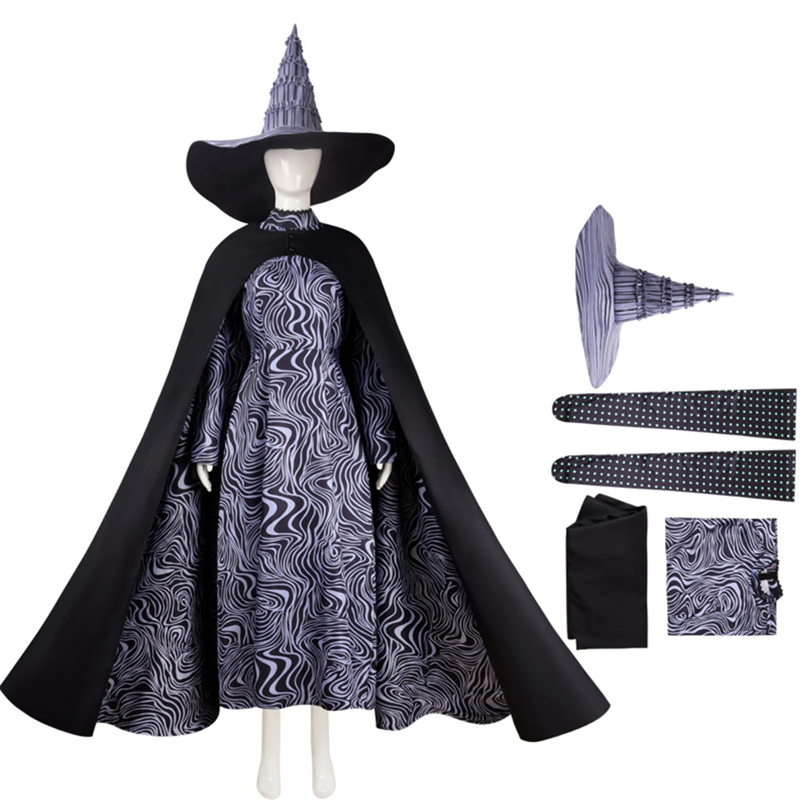 

Movie Witch Elphaba Cosplay Costume Gothic Victoria Retro Tie Dye Dress Hat Cloak Halloween Carnival Uniform Set