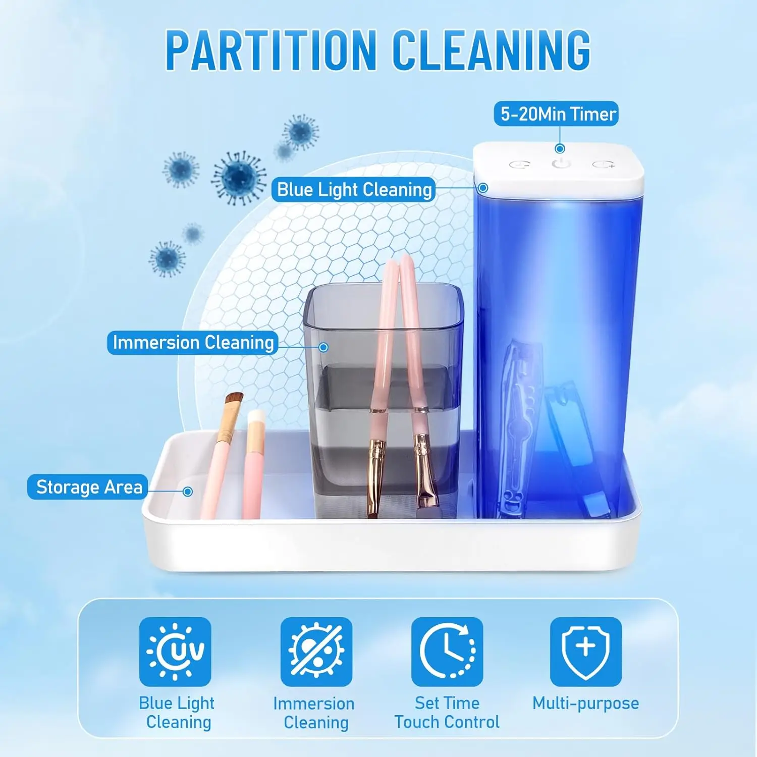 Herramienta de limpieza de uñas con luz azul, tazas de limpieza de partición con bandeja, ajuste de temporizador, recargable para herramientas de uñas, peluquero, 2 uds.