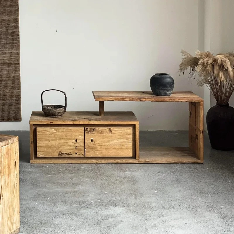 Factory Direct 2026 Wabi Sandy Wind Solid Wood High and Low Table Cabinet with Drawer Floor Table Low Cabinet Homestay Old Elm T