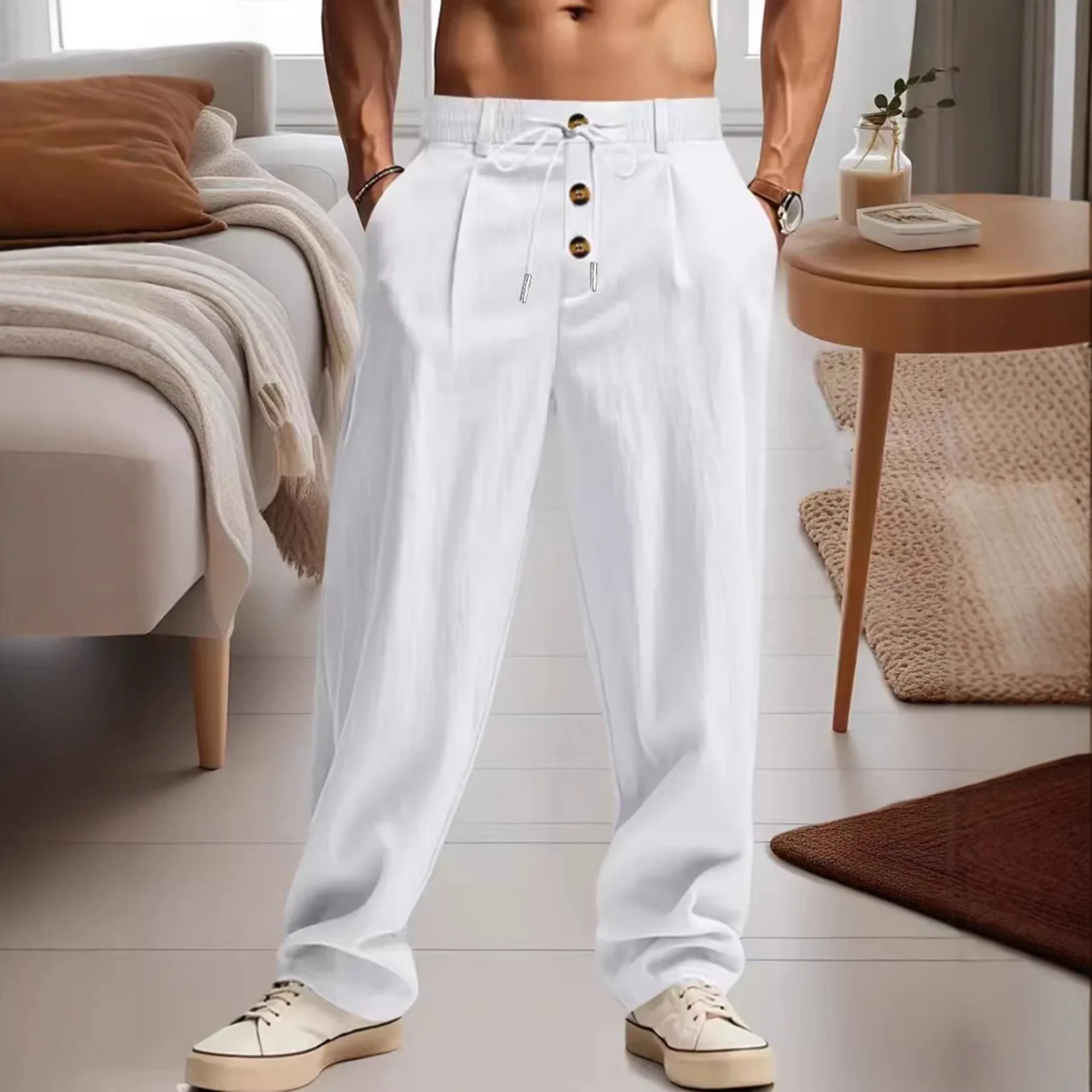 

New summer men's lightweight, breathable, skin-friendly, refreshing, loose-fitting beach vacation trend sports linen long pants