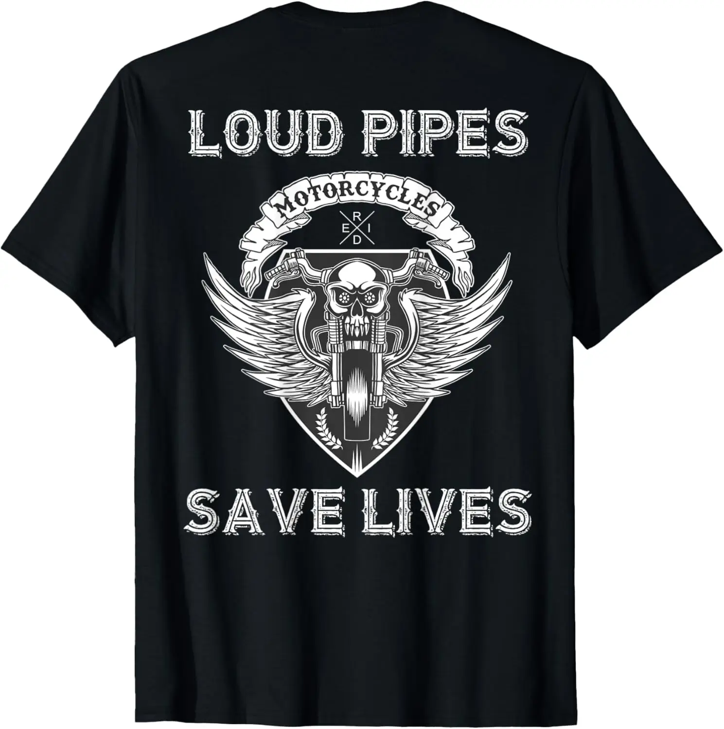 Loud Pipes Save Lives Motocyklowa koszulka z czaszką i skrzydłem - z tyłu
