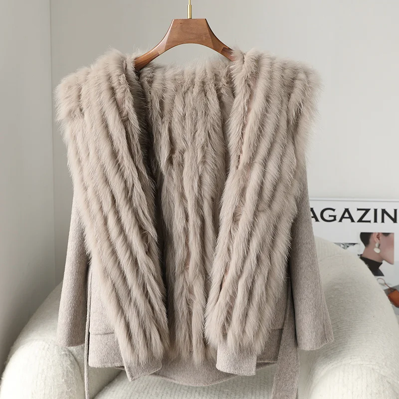 Women Winter Real Fox Fur Belt Slim Vest Natural Fur Coat Outwear Hooded Wool Cashmere Outwear Female Coat Full Sleeve