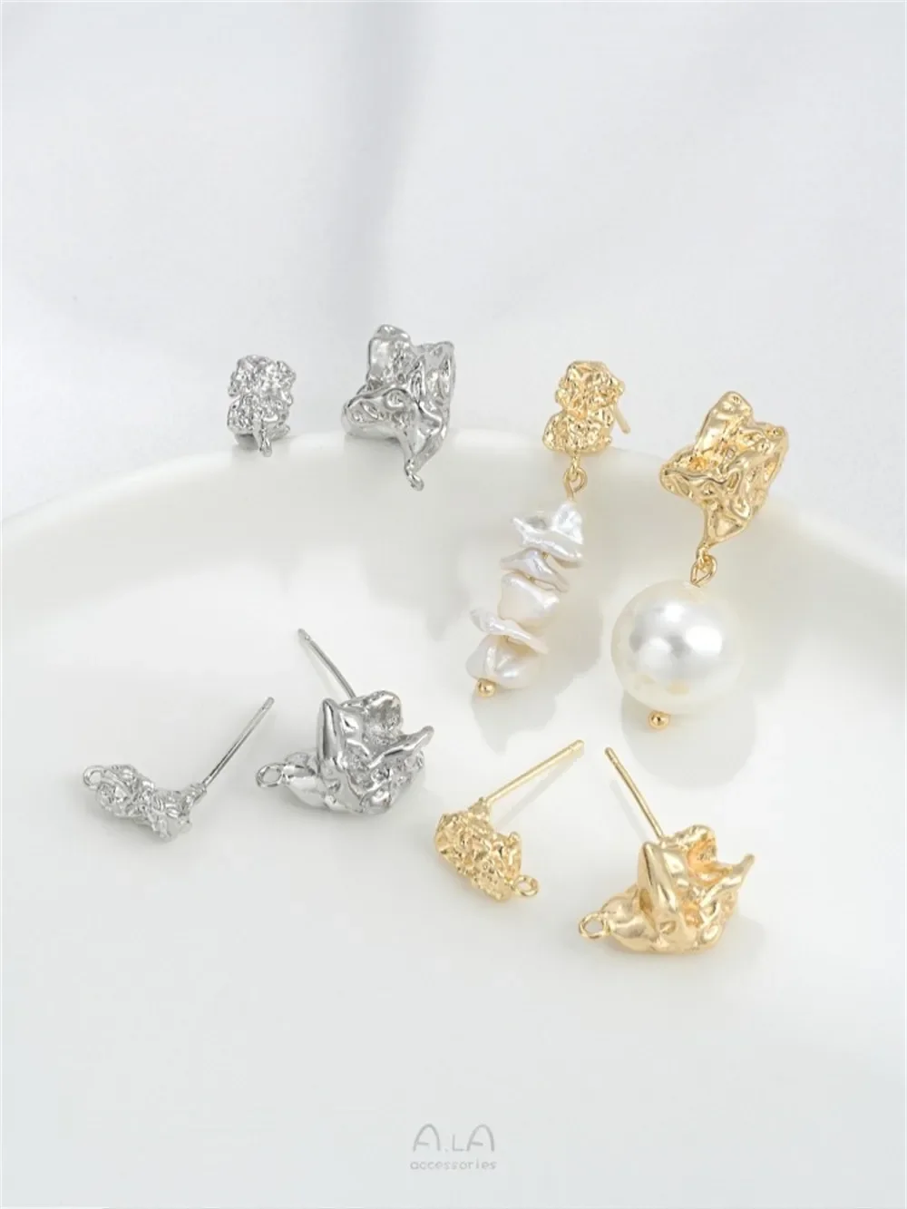 14K Gold Color Irregular Shaped Lava Small Stone Stud Earrings with Hanging Rings 925 Silver Pin DIY Earrings Accessories E377 view 2