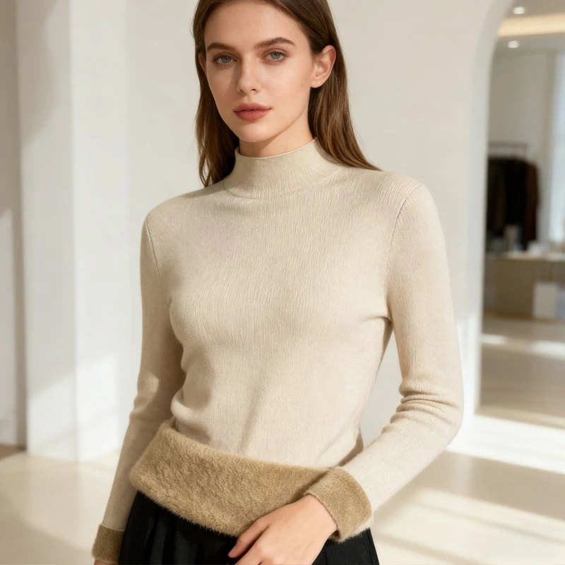 جديد غير رسمي الصلبة الصوف مبطن قاع تريكو نصف عالية الرقبة محبوك الخريف الشتاء البلوزات الناعمة أنيقة الدافئة البلوز #1