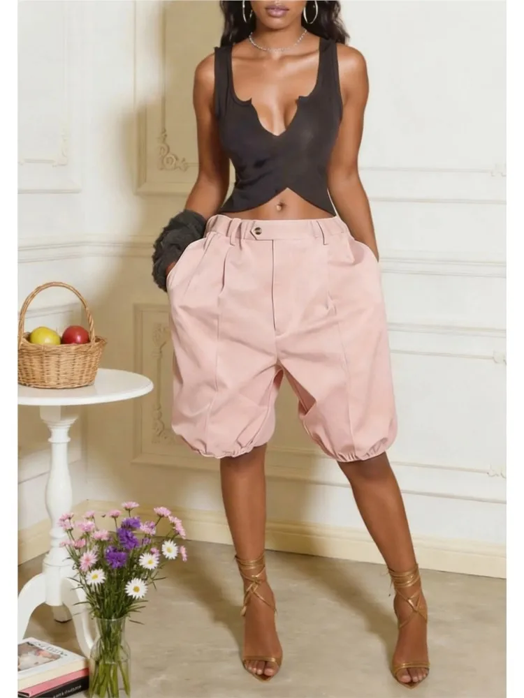 Women High Waist Balloon Shorts Elastic Waist Button Ruched Cuff Knee Length Loose Shorts Elegant Streetwear Casual Bottoms
