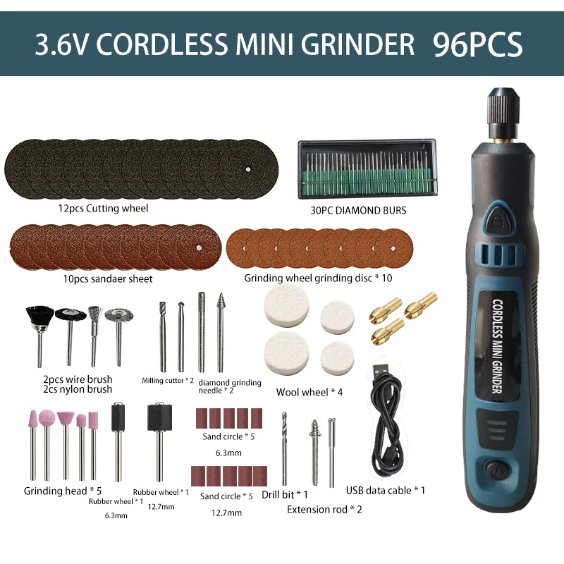 3.6V Cordless Mini Electric Grinder, Rechargeable Lithium-ion Polishing Drilling Tool with 96Pcs Accessories Set