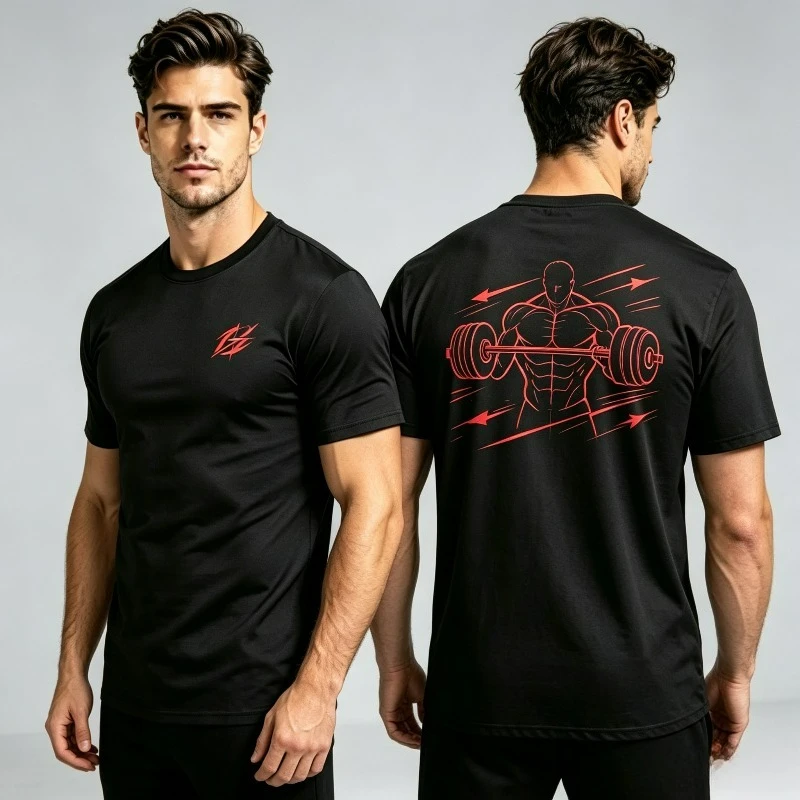Gym Men Red Dumbbell T-Shirt 100% Cotton Short Sleeve O-Neck Fitness Casual Streetwear Male Tops