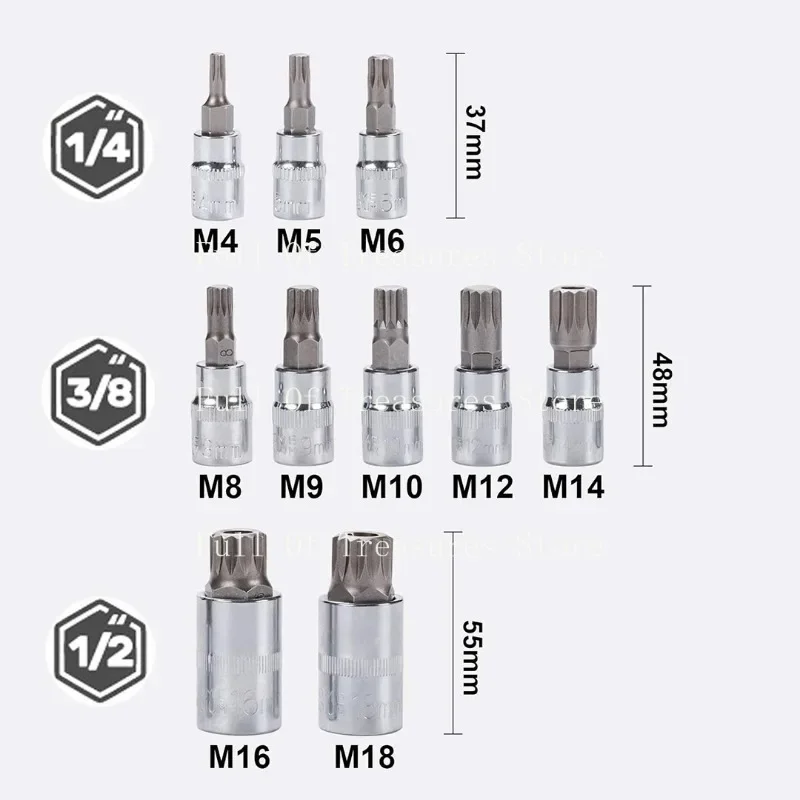 Suitable for 10 pieces M-type screwdriver sleeve 12-angle hexagon pattern pressing batch sleeve set M8/10/14/16 auto repair