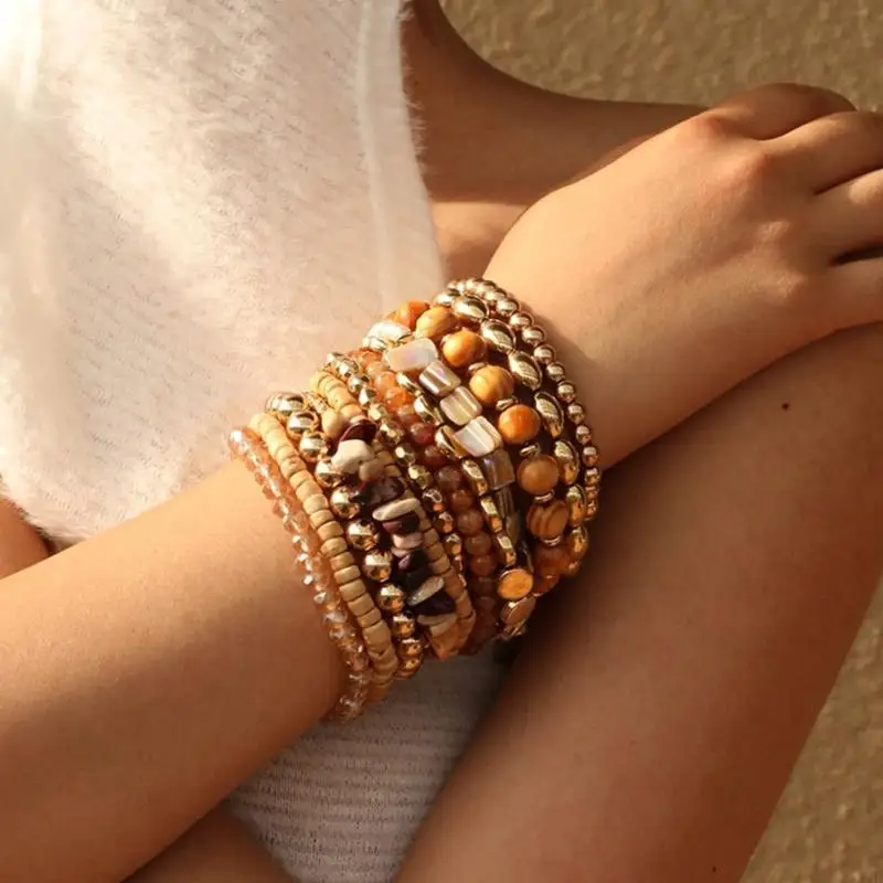  Pack of 12/18 Bohemian Bead Bracelets for Women Elastic Stackable Designs Featuring Brown and Gold Beads