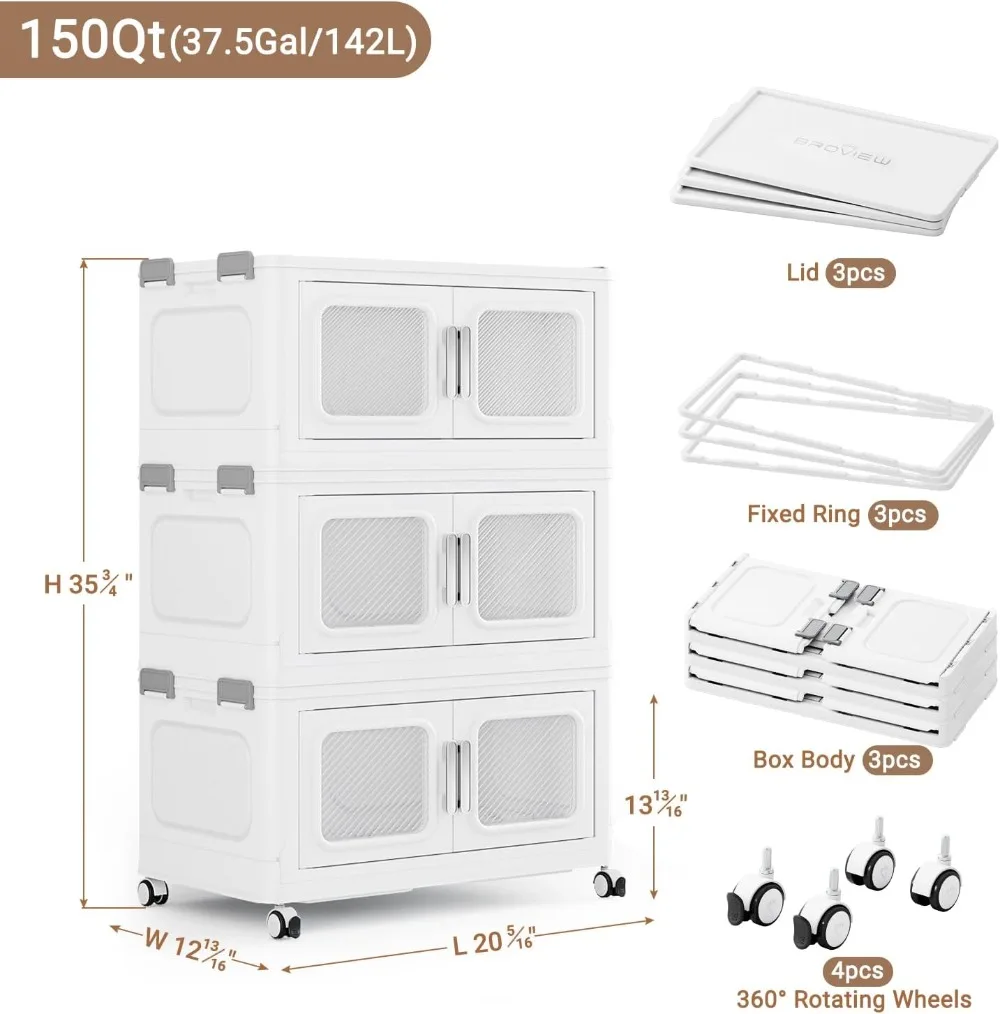 150QT Stackable Storage Bins 3Pack w/ Lids Wheels, Collapsible, Heavy-Duty