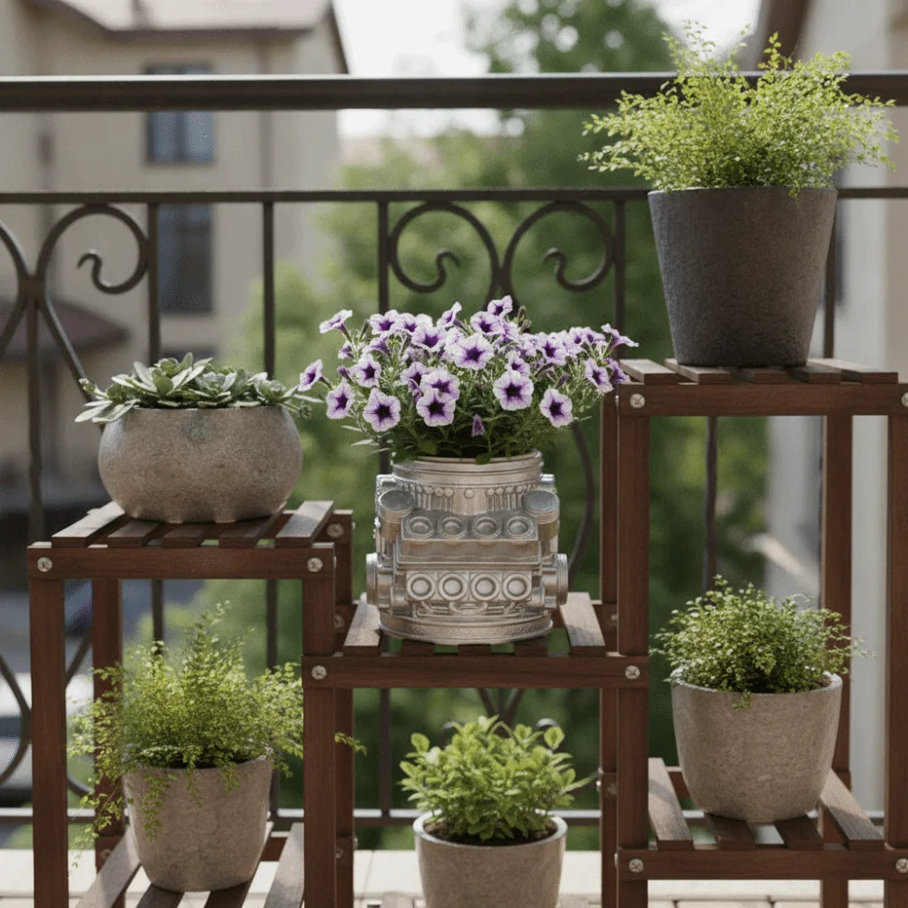 Mechanical Design Industrial Engine Planter Resin Simulated Engine Block Planter Pot Silver Succulent Pot Office