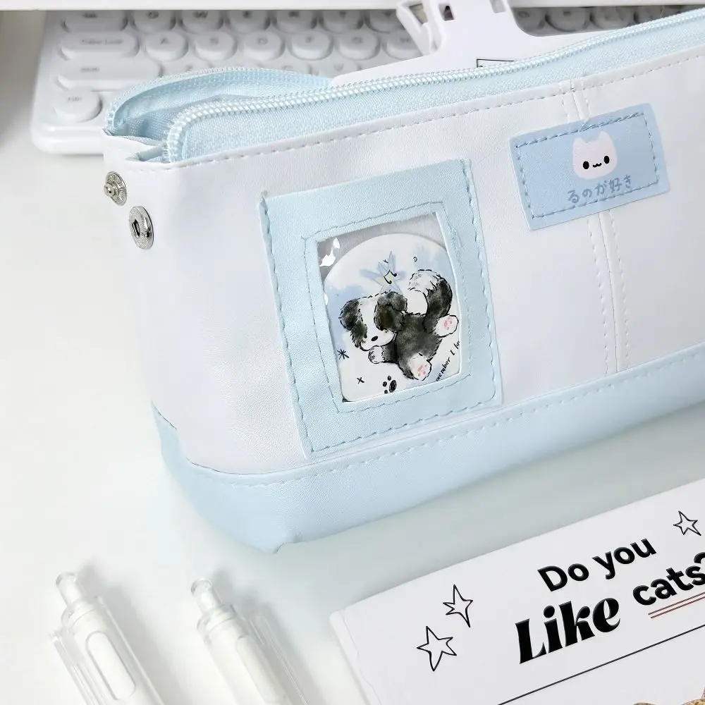 Korean Style PU Leather Pencil Case Large Capacity with Photo Window Pen Bag Stationery Organizer Students