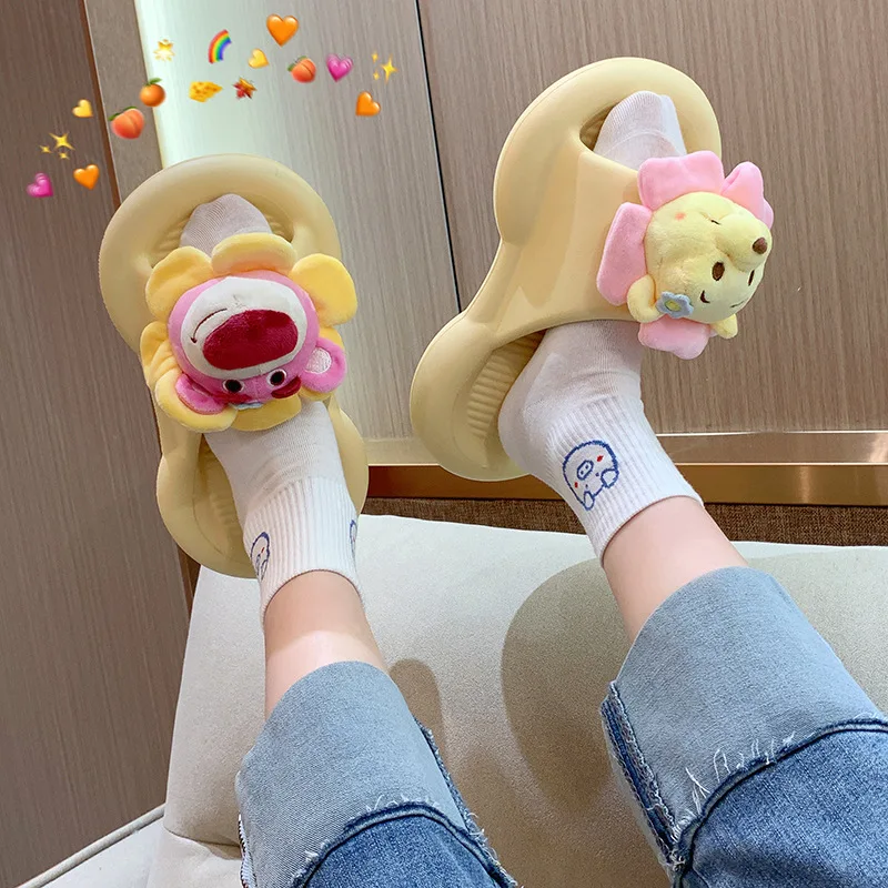 Disney Cartoon Home Shoes Sandals for Women Thick Soled Anti Slip Flip Flops Lotso Pooh Bear White Green Pink Shoes Size 36-41