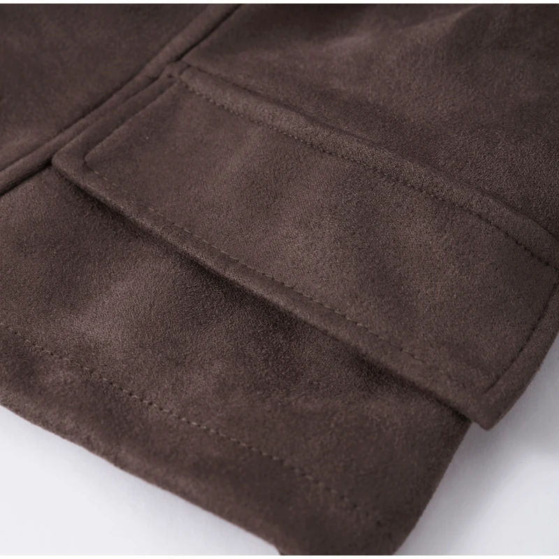 Frauen Braun Wildleder Abgeschnitten Trenchcoat Jacke Gürtel Kerb Revers Spitze-up Retro Chic Oberbekleidung Herbst Winter High – Detail 8