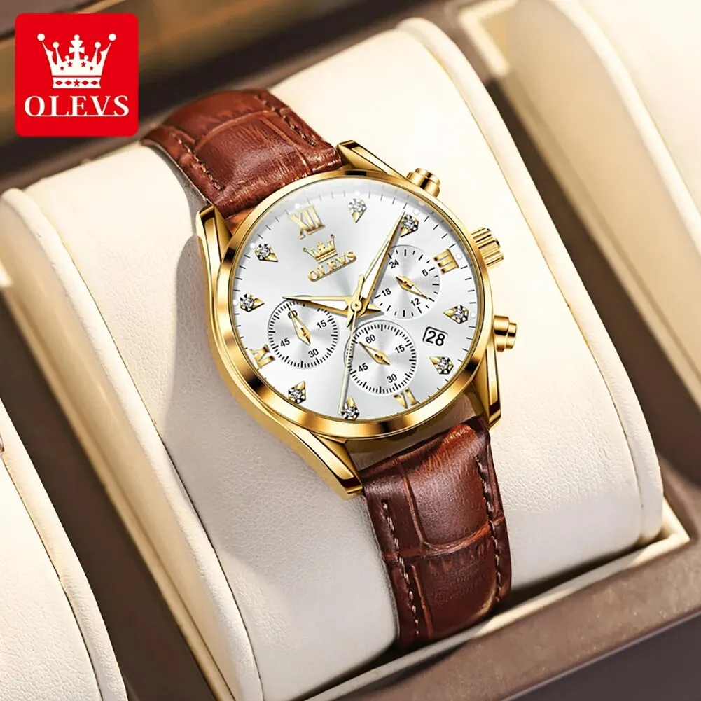 OLEVS 5523 Women's Watches Leather Strap Waterproof Luminous Chronograph Elegant Ladies Wristwatch Luxury Quartz Watch for Women