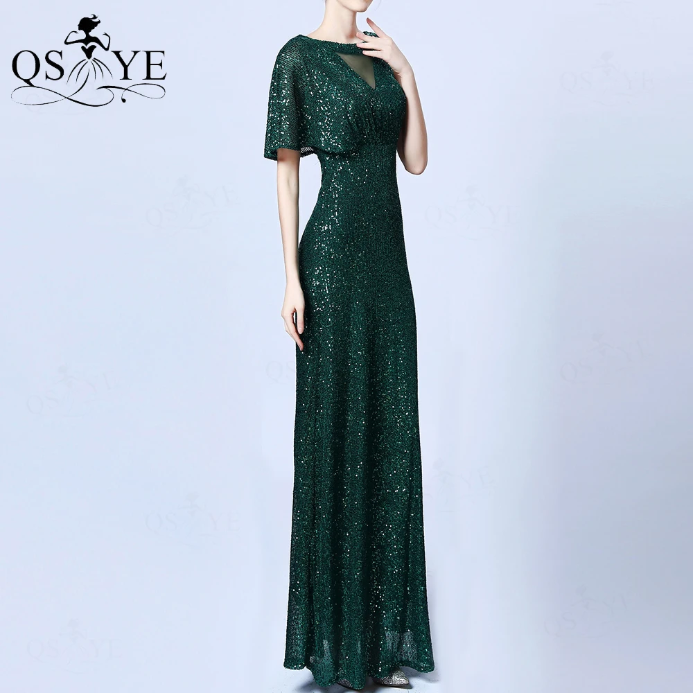 Emerald Green Evening Dresse Bat Sleeves One Shoulder Sequin A line Long Prom Gown Elegant Scoop Neck Glitter Formal Party Dress