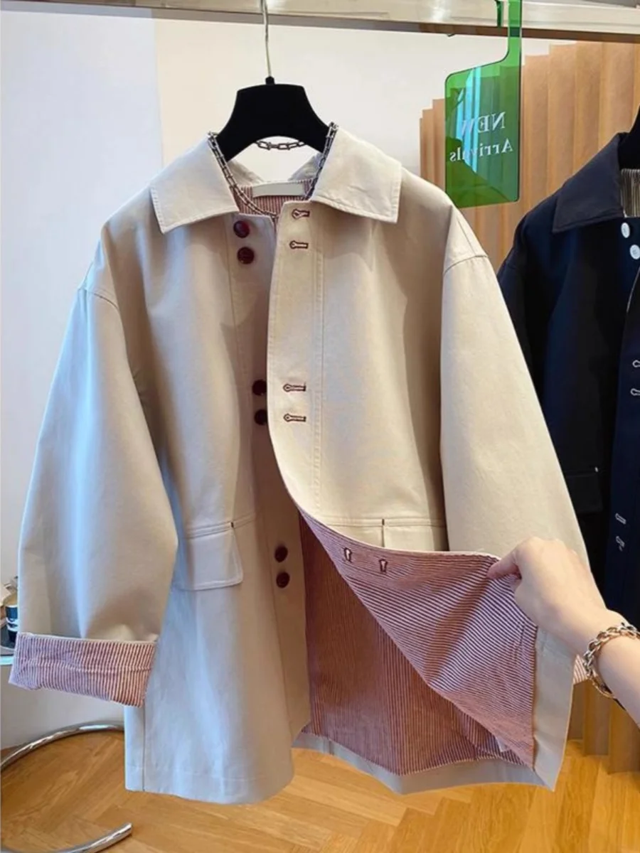 

Новая женская повседневная модная куртка в корейском стиле, свободного кроя, светло-бежевая, с воротником, длинными рукавами, средней длины, весенняя