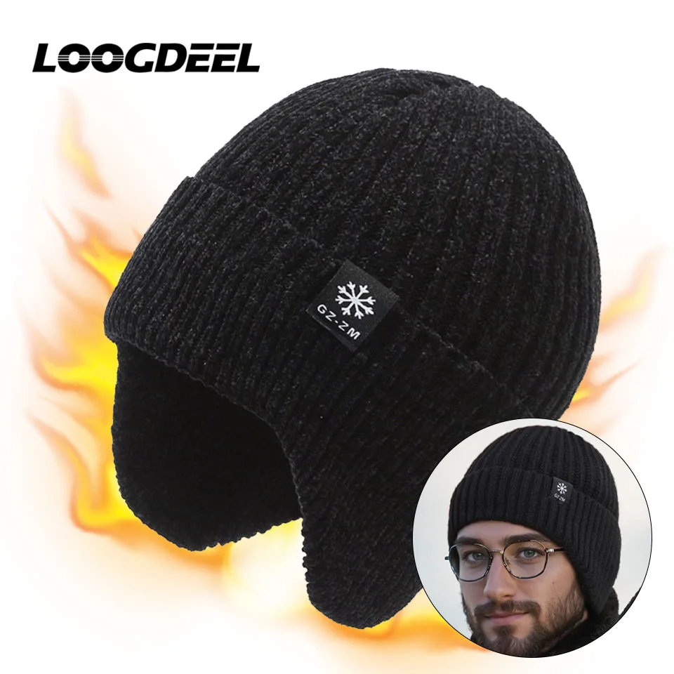 LOOGDEEL Outdoor Men Winter Knitted Hat With Velvet Warm Ear Hood Integrated Hat Sports Bicycle Skiing Running Cycling Cold Cap