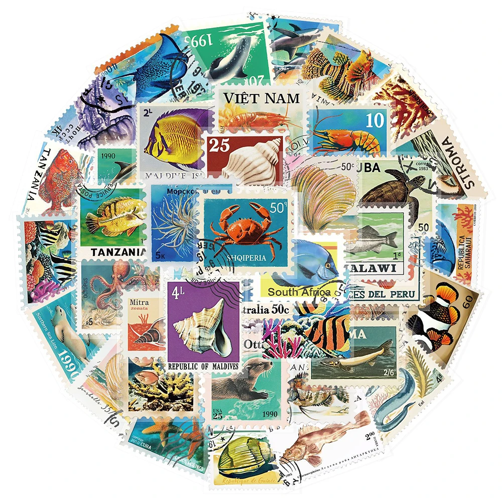 

10/30/50pcs Vintage Marine Animal Stamp Graffiti Stickers Cartoon Waterproof DIY Notebook Phone Suitcase Transparent Decals Toy
