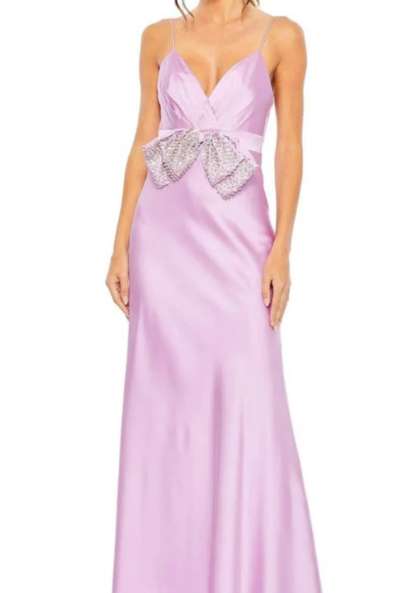 Sheath Satin V Neck Embellished Spaghetti Straps Pleated Bodice Rhinestone Bow Waist Back Zipper High Open Back Dress