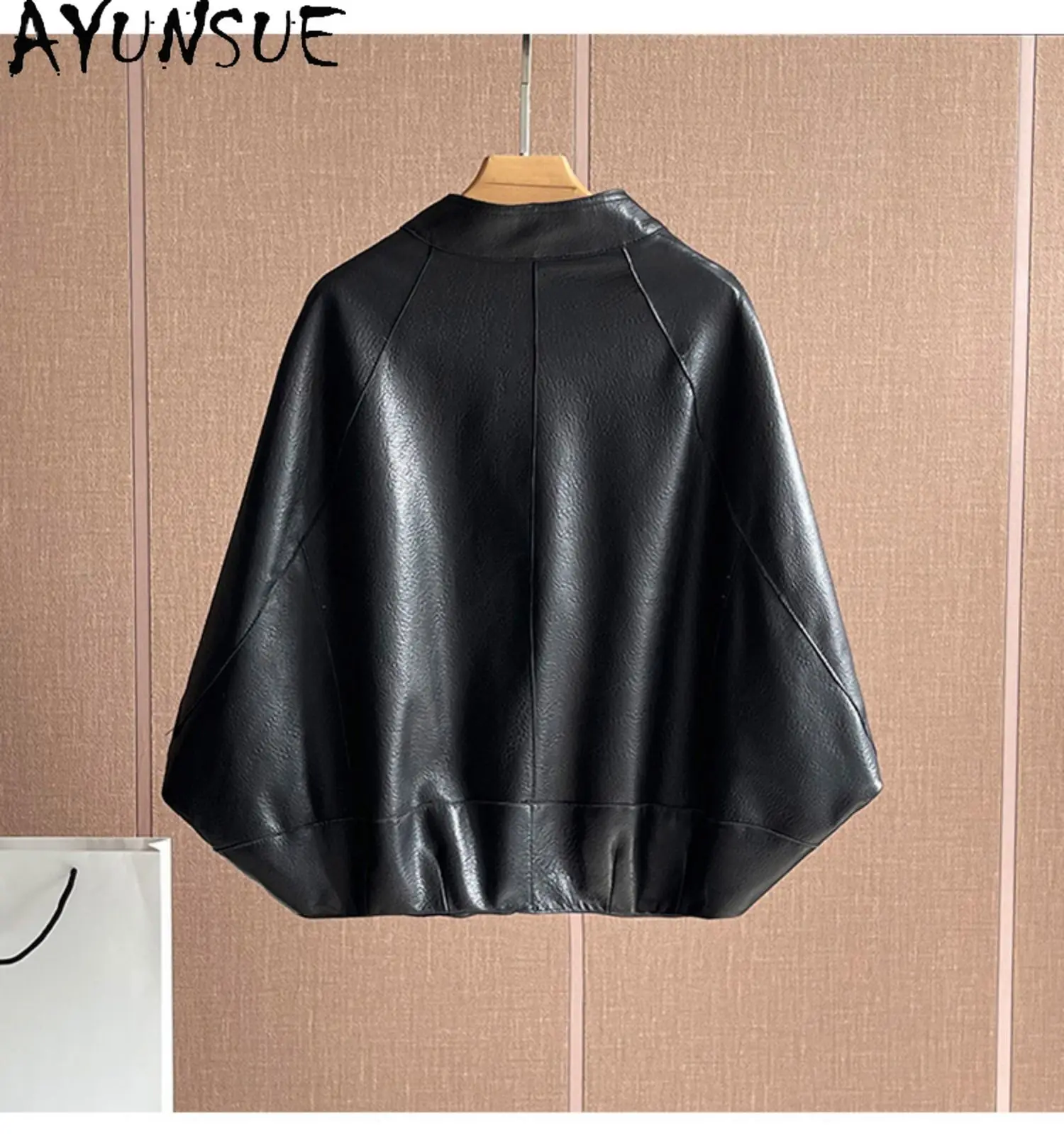 AYUNSUE 100% ของแท้Sheepskinแจ็คเก็ตหนังผู้หญิง 2025 ฤดูใบไม้ร่วงBatwingแขนหลวมแจ็คเก็ตเสื้อผ้าผู้หญิงสั้น 가자켓