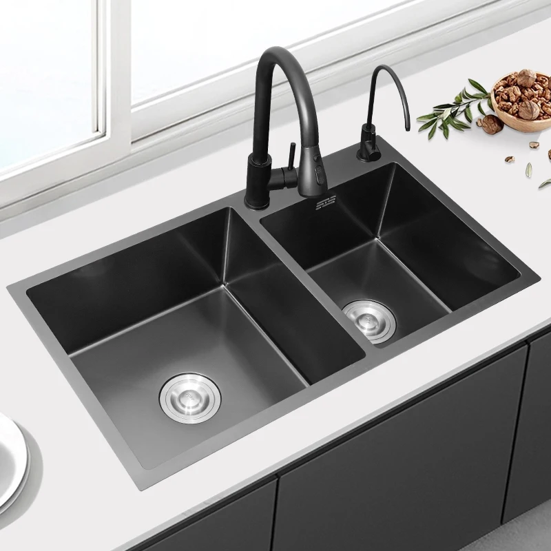 Black Double Bowl Kitchen Sink Two Holes Spray Jet Stainless Steel Multifunctional Kitchen Sink Set