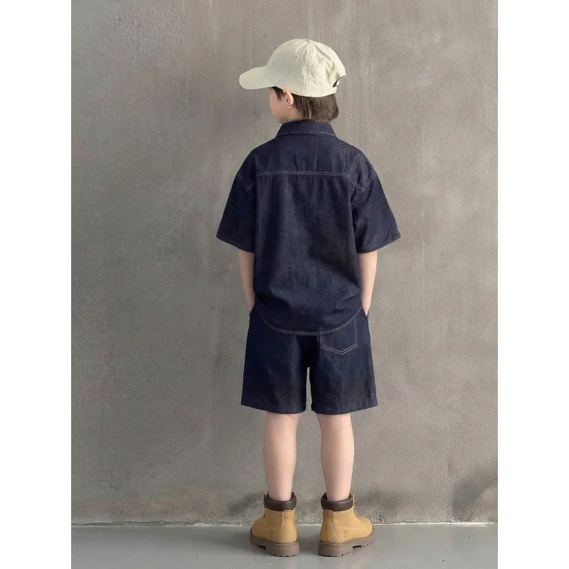 

Boys Denim Short-sleeved Shirt Summer Suit 2026 New Older Children and Teenagers High Street Handsome Thin Two-piece Set