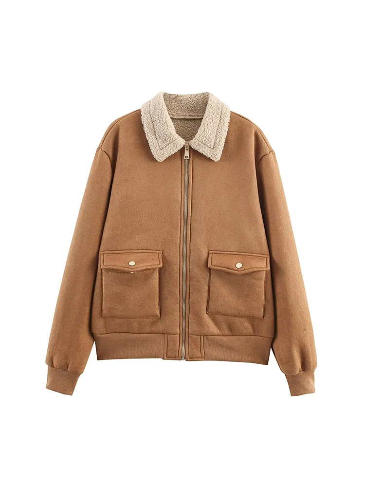 

European style new women's fashion versatile temperament simple lapel long sleeve double pocket jacket