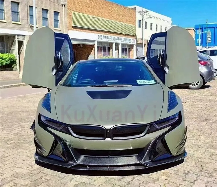 ل 14 + BMW I8 EB نمط صحيح ألياف الكربون الجبهة الشفاه طقم الجسم التنانير الجانبية الناشر الخلفي الخلفي سبويلر المصد الأمامي لوحة الكسوة