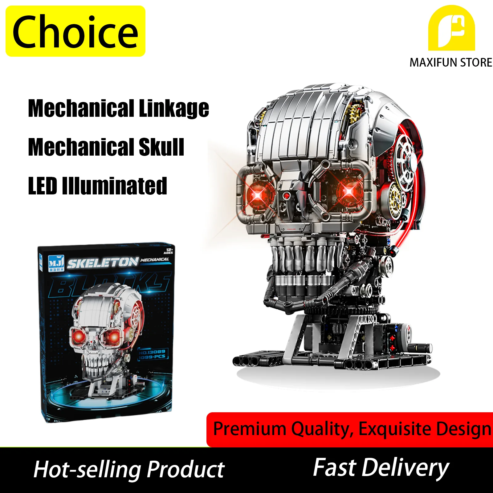 

1099PCS STEM Toy Mechanical Building Block Head Skull Decoration Interlocking With light Desktop Ornament Assembly Toy Boy Gift