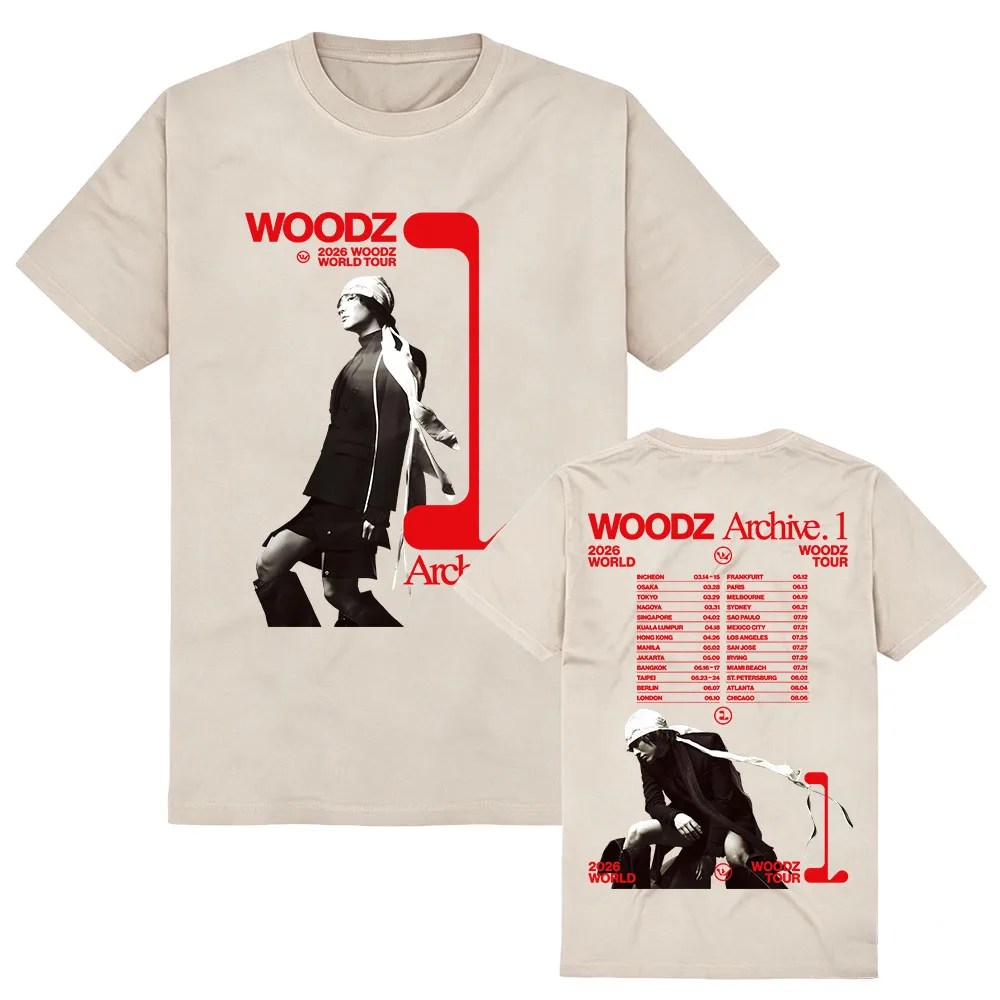 Футболка WOODZs Archive 1 World Tour 2026, унисекс, уличная одежда, хлопковая, с коротким рукавом, модная, летняя, с круглым вырезом, с графическим принтом