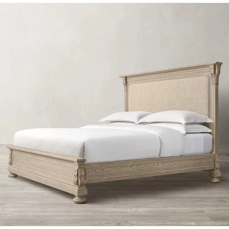 Luxury Modern American Style Bedroom Furniture Hotel Indoor Fabric Solid Wood Bed Home Use King Queen Wooden Bed