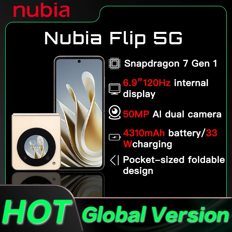 Original Nubia Flip 5G Mobile Phone 6.9”120Hz OLED 50MP AI Dual Camera 4310mAh Battery 33W Support multi-Language and Google