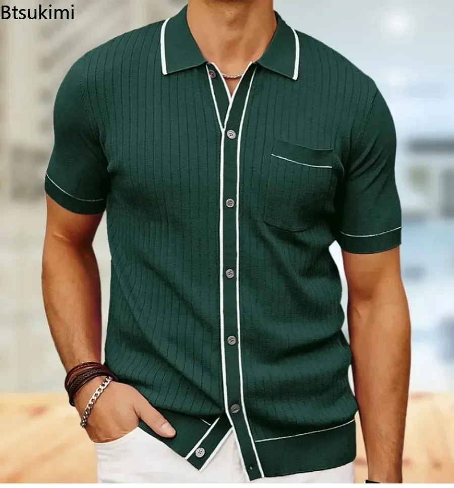 2025 Men's Striped Short Sleeve Knitted Shirts Summer New Comfy Breathable Casual Business Polo Shirts Men Golf Sport Loose Tops