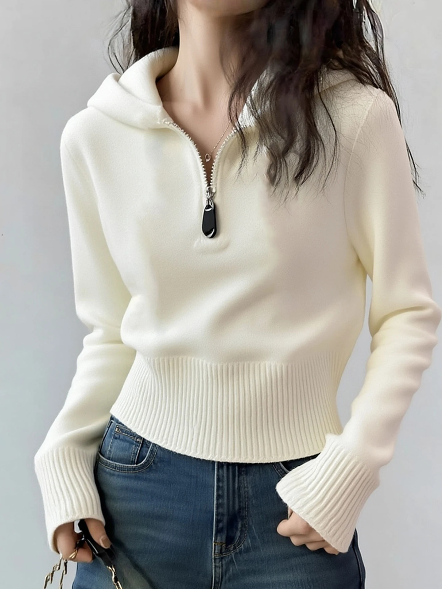 

Korean Sle Hooded Knitwear Women's Faion Soft Cozy Slim Fit Autumn Winter f Zip Sweater Top Commute Sle Regular Fit