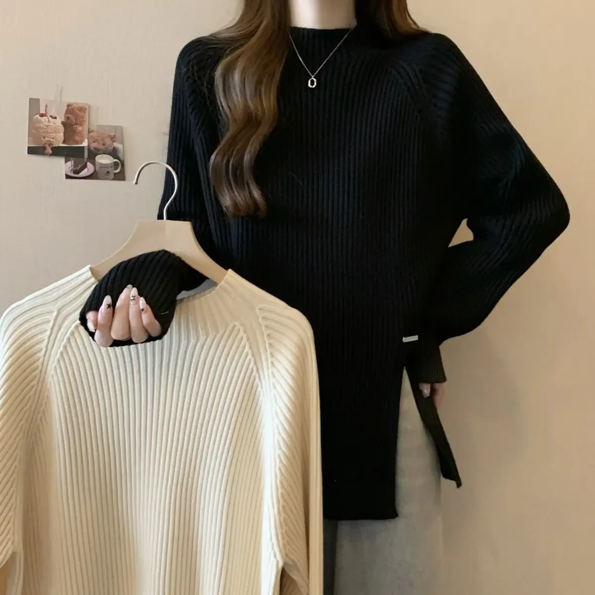 حجم كبير نصف الياقة العالية فضفاضة طويلة الأكمام المرأة قاعدة قميص الكورية نمط الدفء الشق تصميم الخريف الشتاء قمة الموضة الجديدة #4