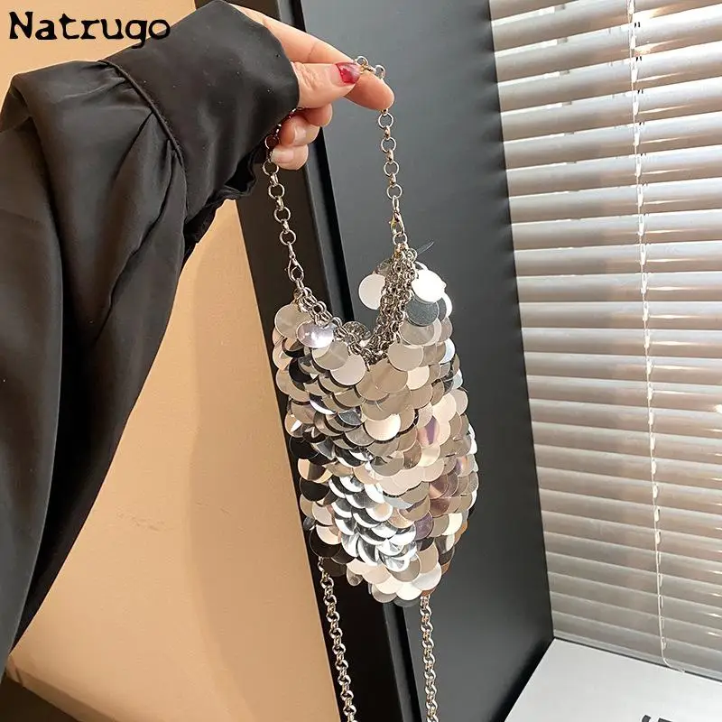 Metal Sequins Chain Woven Bag Evening Bag 2024 Pink Luxury Designer Women Bags Clutch Female Travel Holiday Shoulder Bag Handbag