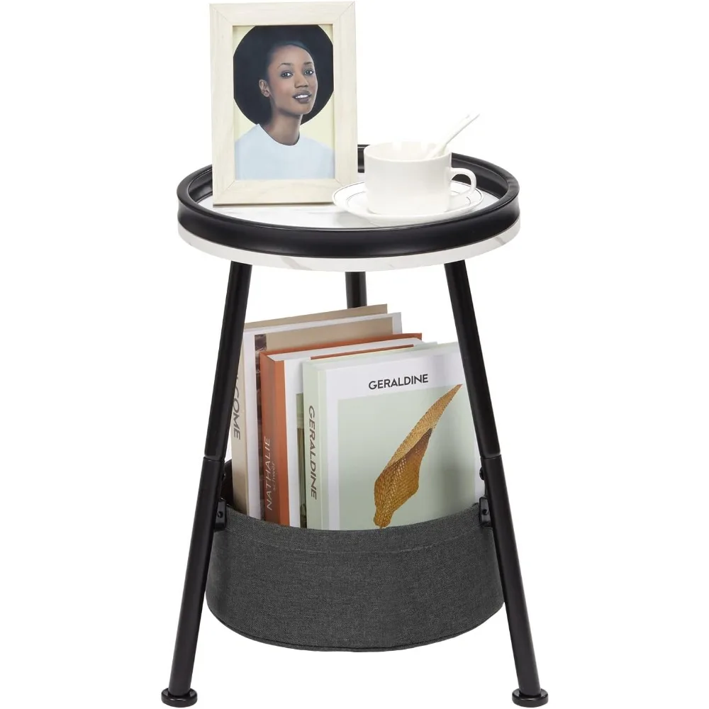 

Coffe Table 2 Tier Round Side Table With Storage Basket Small Round Nightstand for Living Room Bedroom Coffee Mesas Tables Home