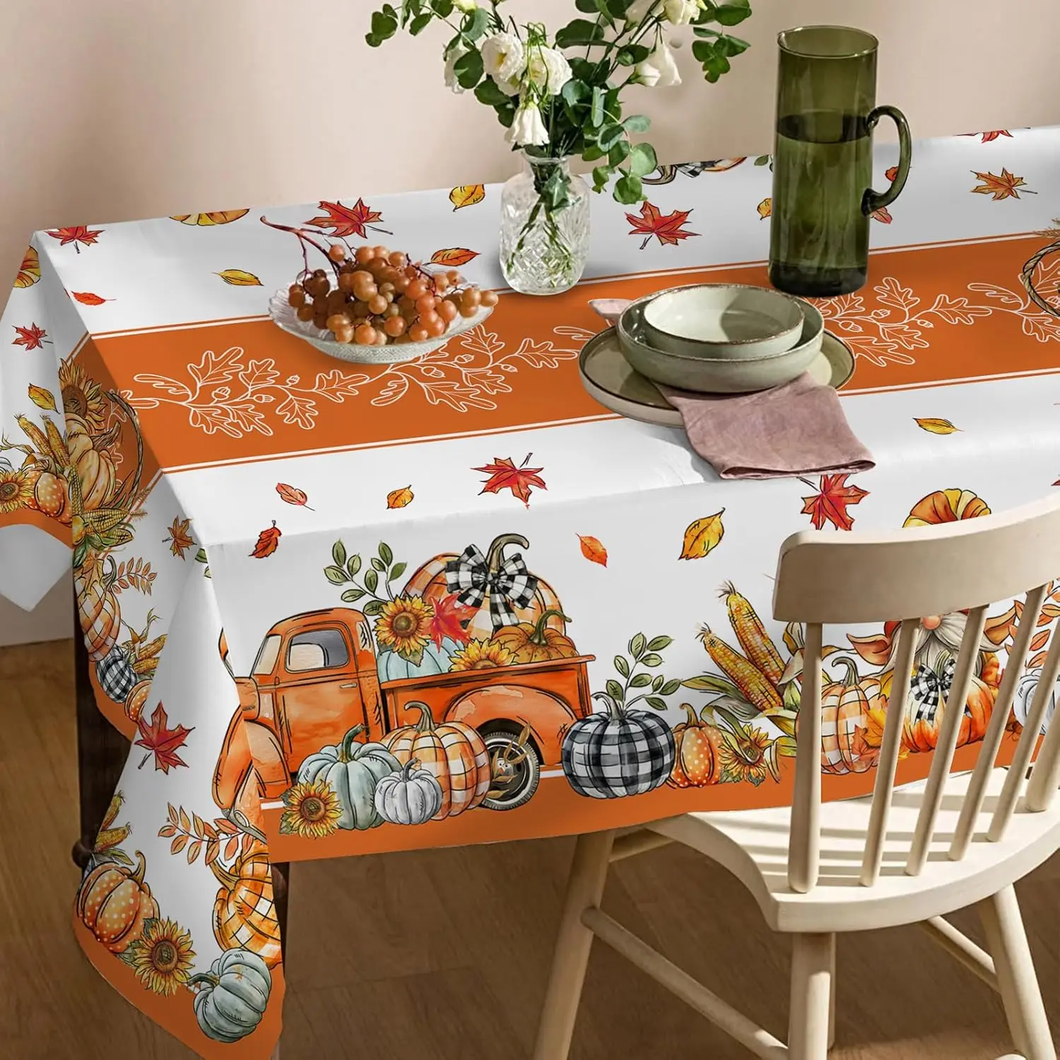 Thanksgiving Pumpkin Truck Fall Orange Rectangle Tablecloth Holiday Party Decor Waterproof Tablecloth for Table Party Supplies