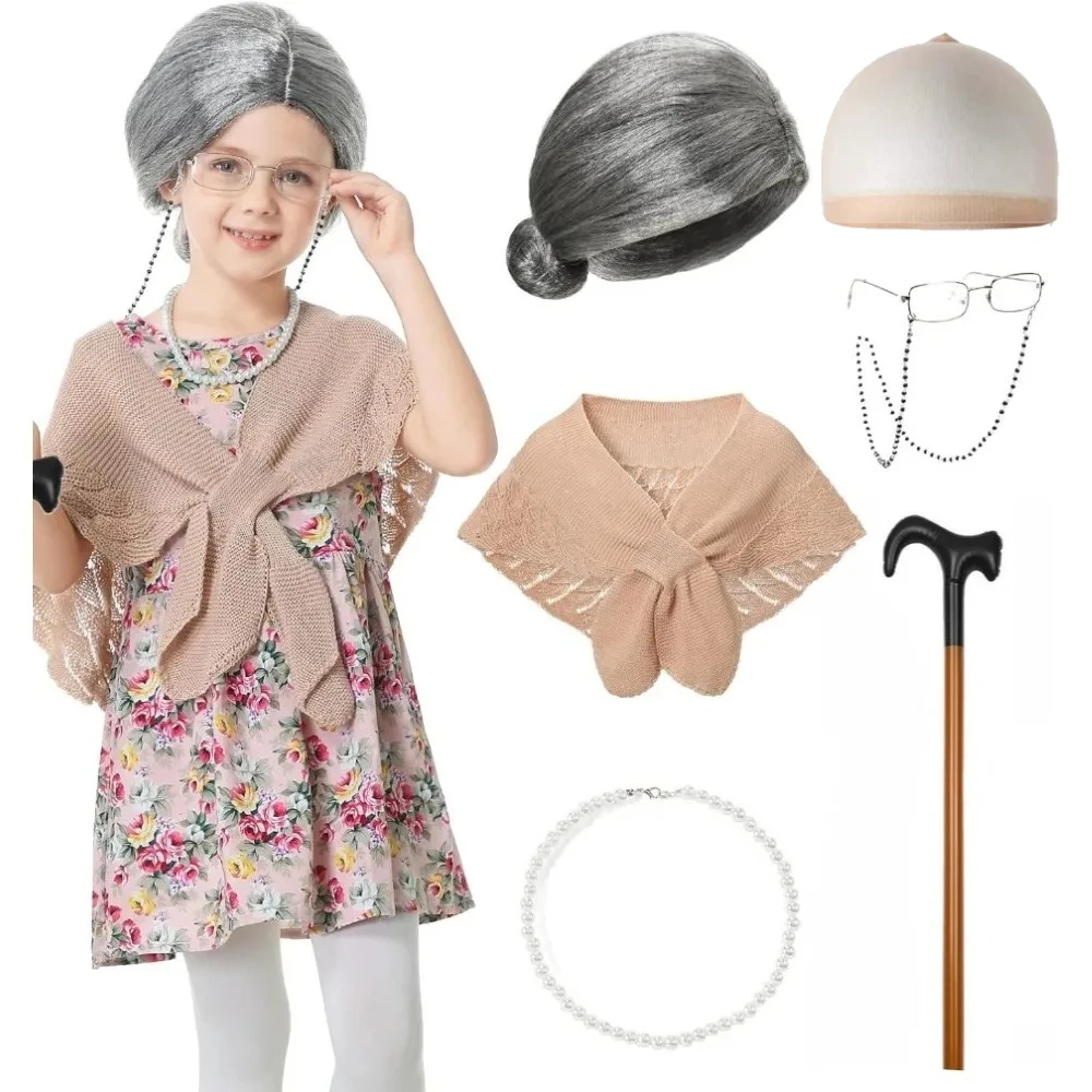 

Old Lady Costume for Kids Girls 100th Day of School Costume with Grandma Glasses Necklace Wig Granny Cane