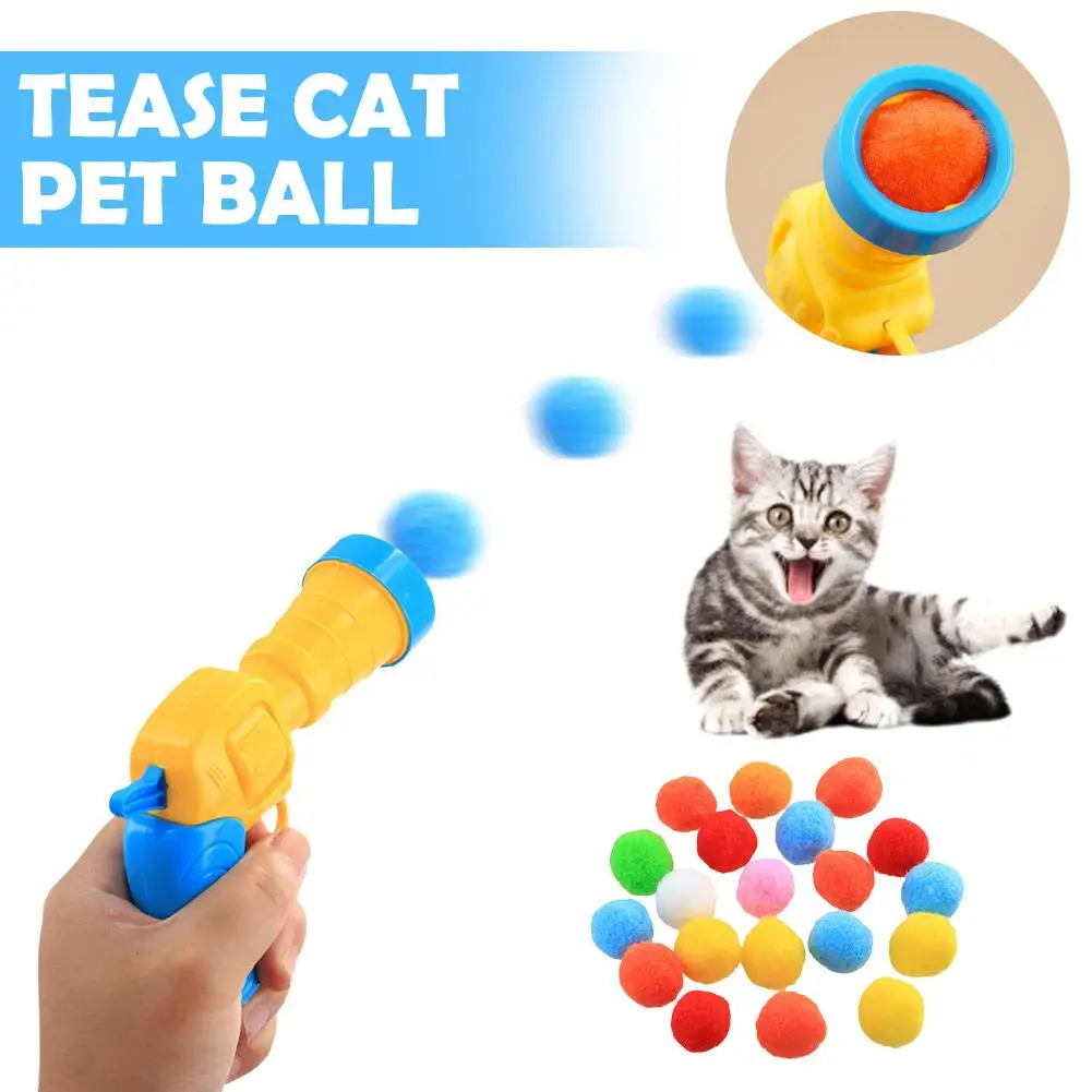 Interaktive Katzenball-Werferpistole, geräuschreduzierte Werfer, neu aufgerüstet, 20 Stück bunte, leise Plüsch-Pom-Pom-Bälle, Katzenspielzeug