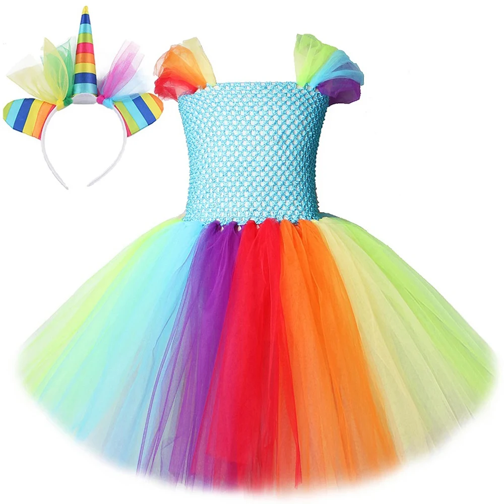 Rainbow Unicorn Horse Tutu Dress for Girls Little Pony Costumes Halloween Dresses for Kids Birthday Party Outfit with Horns Bow