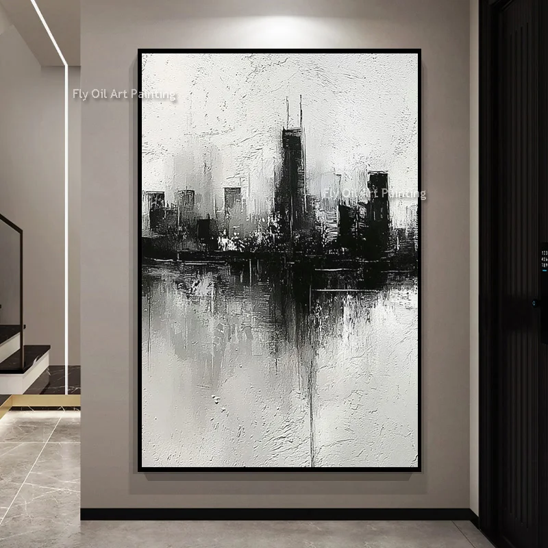 Loft‑Style Urban Reflection Wall Piece, Original Textured Hand‑Painted Oil Painting, Moody Monochrome Cityscape Canvas Art