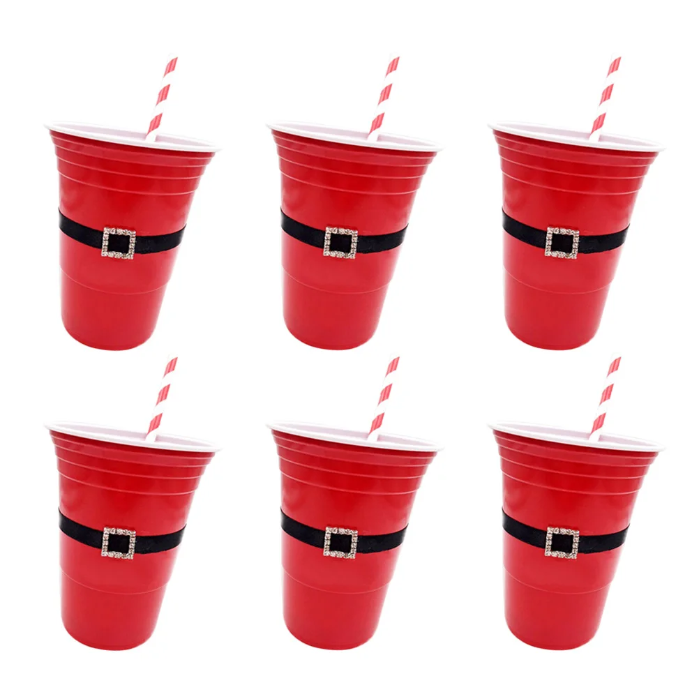 

12pcs Christmas Plastic Santa Belt Design Beverage Drinking Set Holiday Party Home Use Cups Straws Food Grade Beer Wine Milk