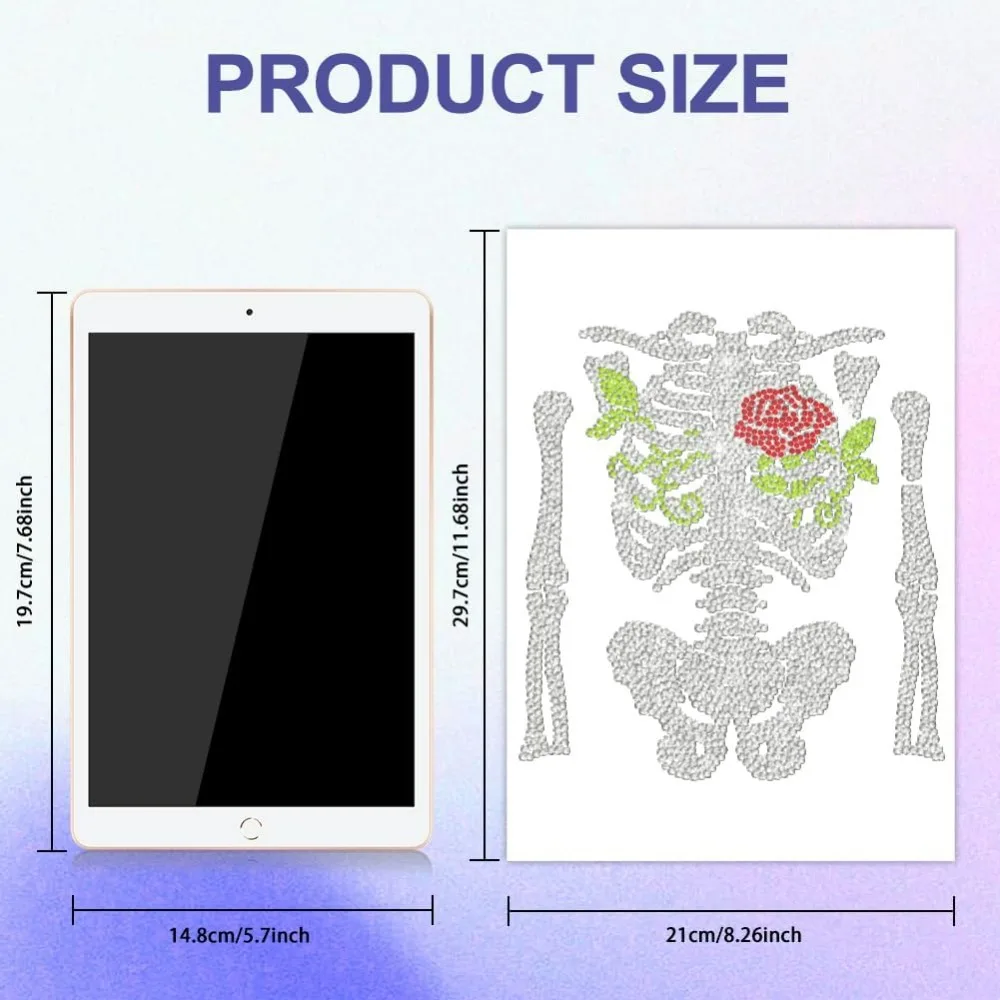 Skeleton Rose Rhinestone Iron on Hotfix Transfer Ribs Hand Bones Clear Bling DIY Patch Clothing Repair Skeleton Flower Hot